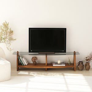 Meuble TV bois brun et verre fumé - 2 niches, vintage ANZIO